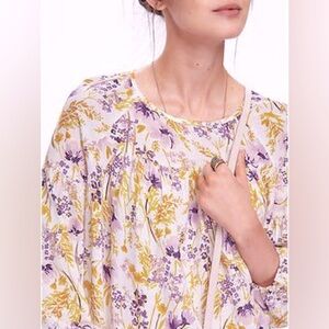 OLD NAVY Floral Peasant Blouse Cotton Swing Top, Cream Purple Floral, Size Large